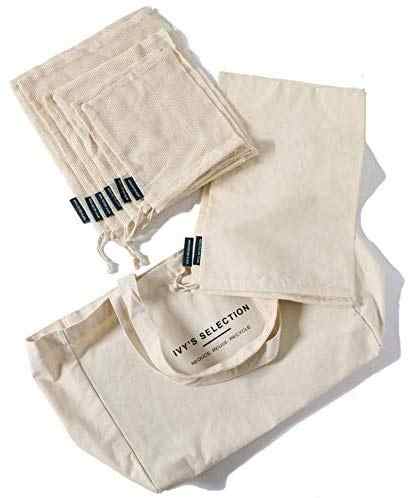 14 Piece Farmers Market Shopping Bag Set | Organic Cotton Mesh, Canvas and String Produce Bags and Totes