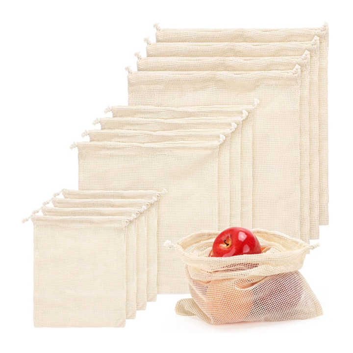 Reusable organic cotton produce bags set with drawstring for grocery shopping fruit vegetable cotton mesh bag Washable