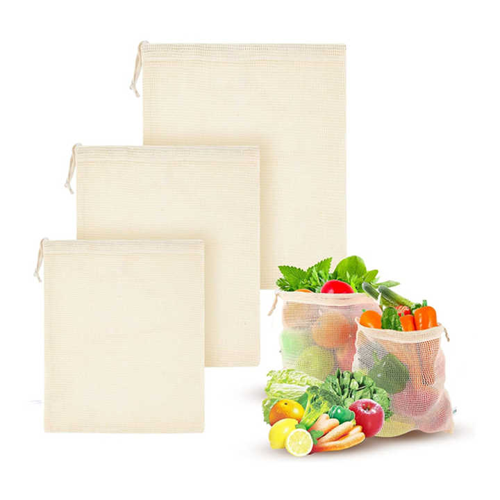 Biodegradable Washable Eco Friendly Bulk Reusable Grocery Fruit Vegetable Storage Cotton Mesh Produce shopping Drawstring Bags