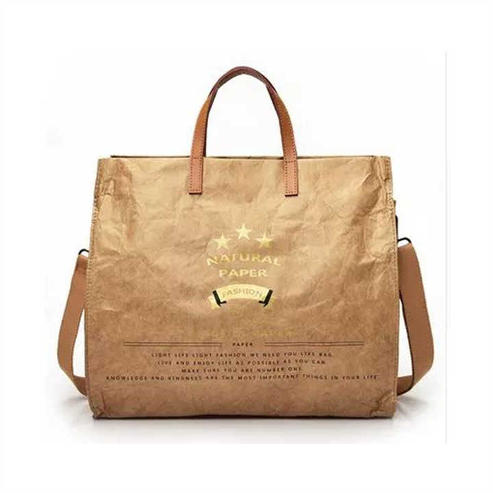 Custom Gold Foil Logo Printed DuPont Kraft Paper Handle Shoulder Shopping Tyvek Tote Bag With Crossbody Strap