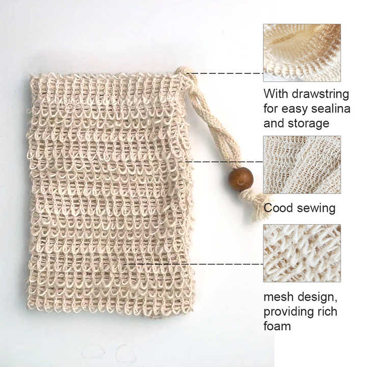 Wholesale All Natural Eco Friendly Exfoliating Pouch Cotton Soap Bag Saver Mesh Bag Foaming Net Body Sisal Foam Soap Saver Bag