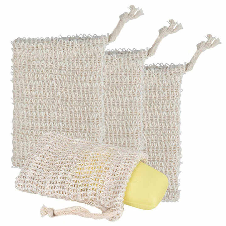 Eco Friendly Zero Waste Crochet Drawstring Exfoliating Saver Natural Pouch Loofah Sisal Cotton Soap Mesh Bag