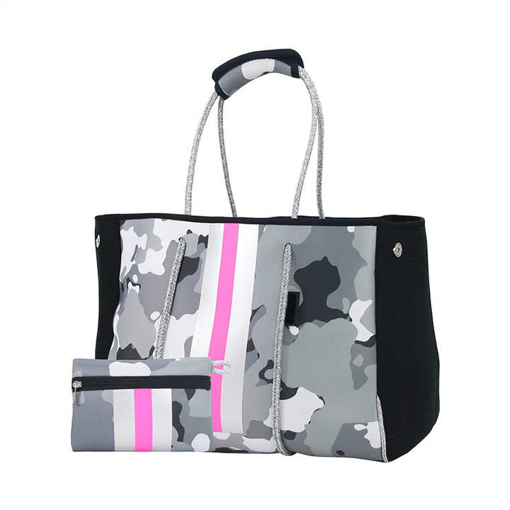 Camouflage Stripe Design Neoprene Fashion Customized Beach Handbag Waterproof Neoprene Beach Tote Bag