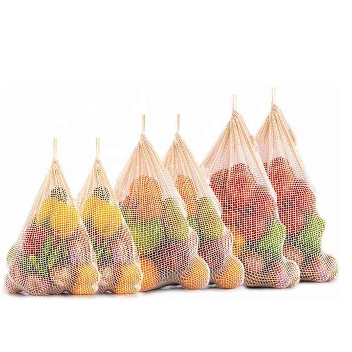 Net mesh produce for fruits and vegetables shopping tote drawstring GOTS organic cotton mesh bag