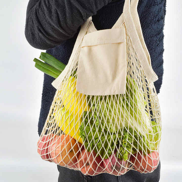 Biodegradable Custom Full Print Reusable Cotton Mesh Vegetable Fruit Packaging Market Net Tote Bag For Shopping