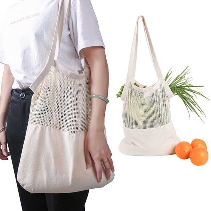 Eco-friendly reusable spliced cotton tote shopping mesh beach bags for fruits and vegetables grocery cotton mesh net bag