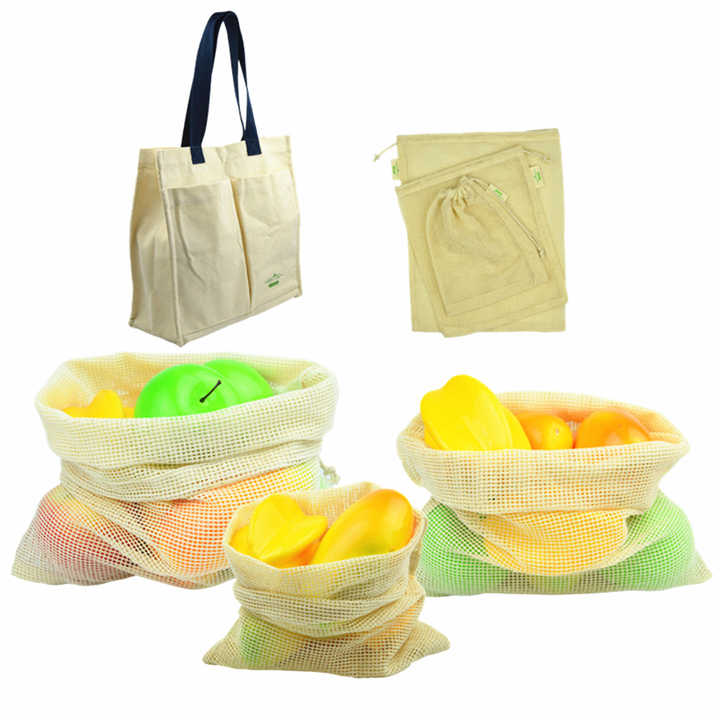 Custom Reusable organic cotton produce bags set for grocery shopping fruit vegetable cotton mesh laundry bag washable