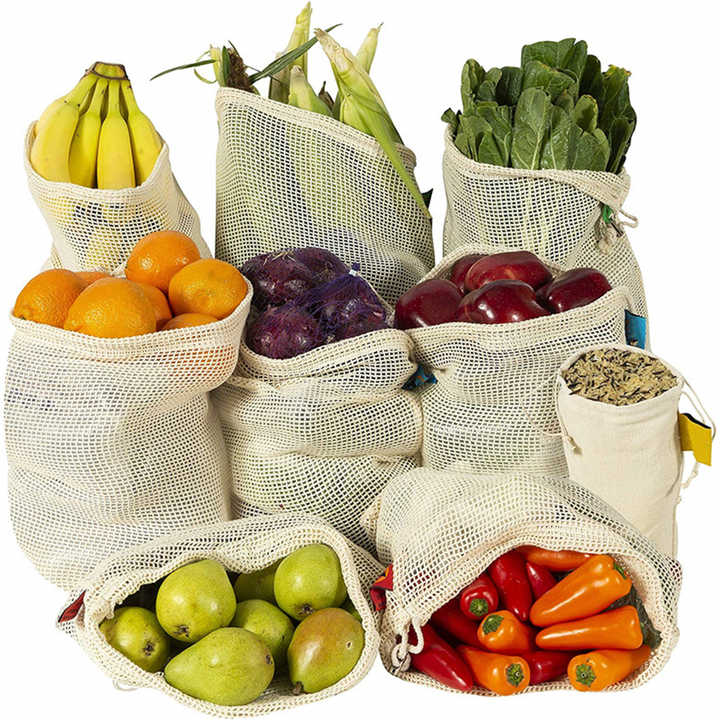 Wholesale Eco-friendly Cotton Fabric Natural Color Grocery Fruit Vegetable Knitted String Cotton Mesh Shopping Bag