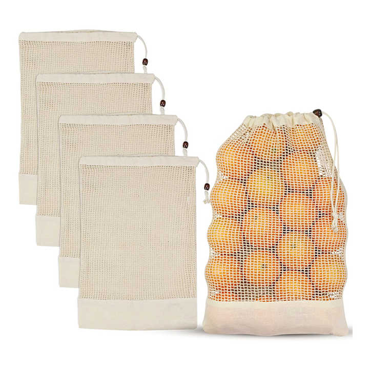 Eco friendly portable reusable cotton net mesh drawstring shopping bag for fruits vegetable packing